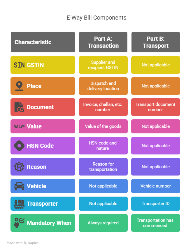 Infographic comparing Part A and Part B components of an E-Way Bill under GST, including GSTIN, documents, and transport details.