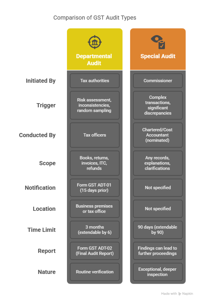 Visual comparison of Departmental Audit and Special Audit under GST, showing triggers, authorities, scope, and timelines.