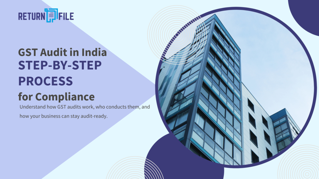Illustration of GST audit process in India with documents, checklist, and compliance icons.